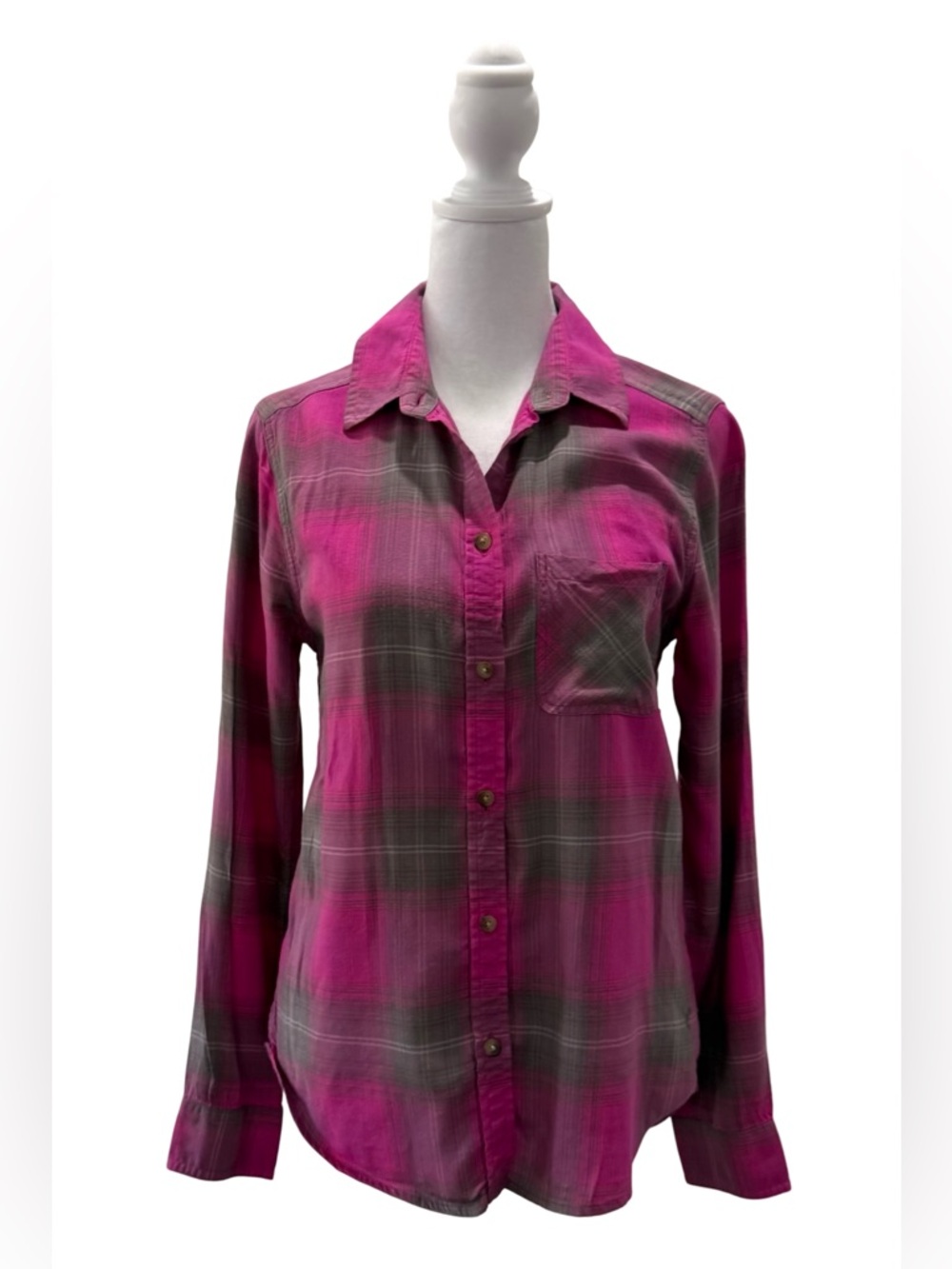 American Eagle Vintage Boyfriend Pink Gray Plaid Flannel Button-Down XS - Picture 5 of 14